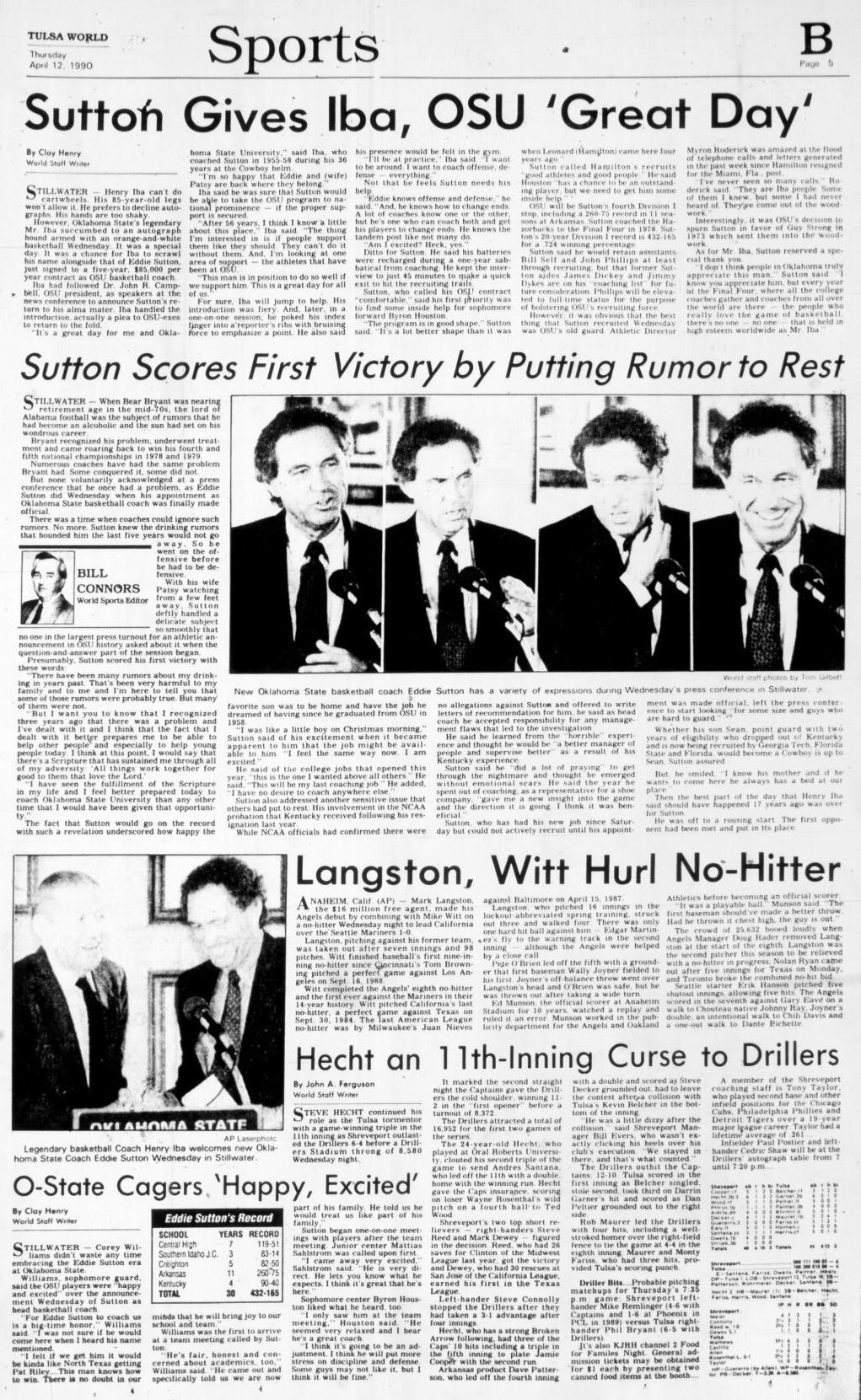 Tulsa World sports front page The April 12, 1990